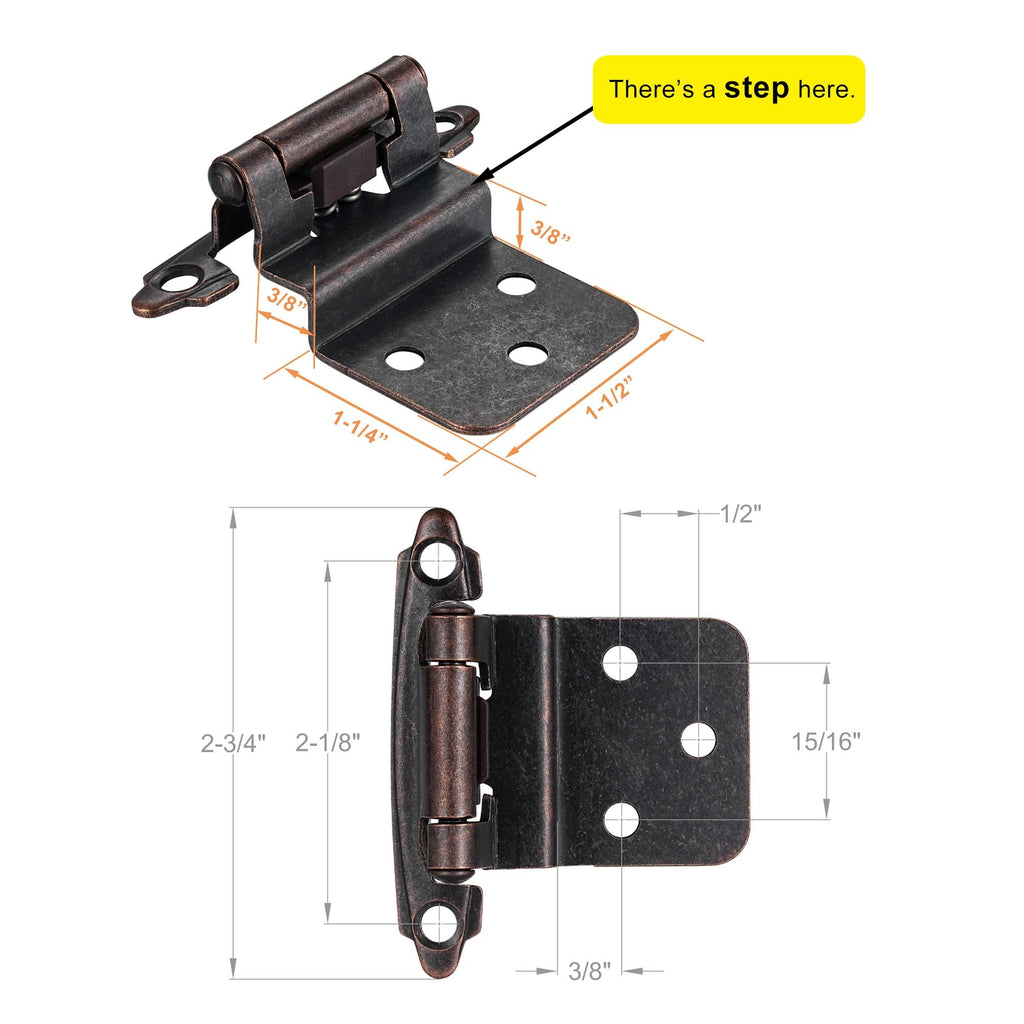 4 Pack (2 Pairs) Antique Brass Self Closing Cabinet Hinges for Kitchen Cabinet Door, 1/2" Overlay (Variable) Semi Concealed Kitchen Cabinet Hinges