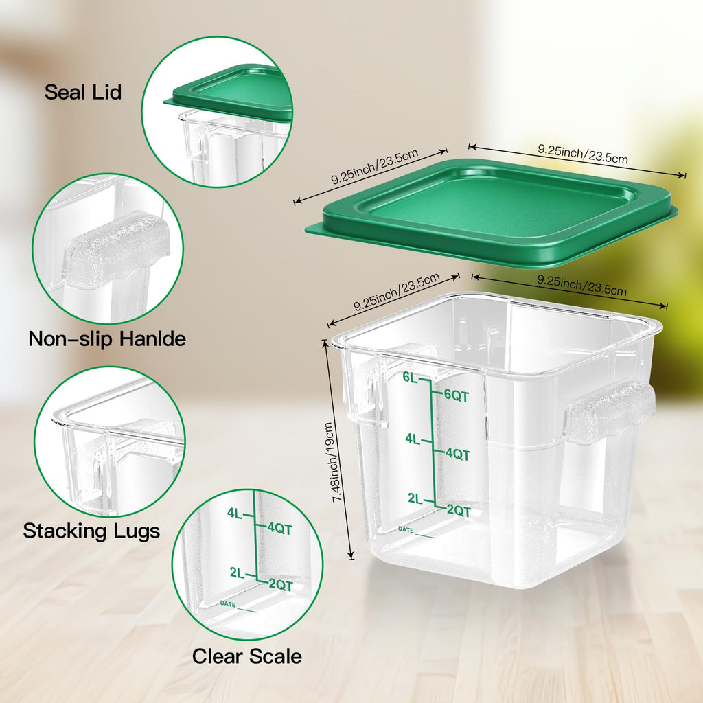 6 pcs 2qt Food Storage Containers with Lid, Square Clear Commercial Storage Containers with Handle and Scale for Food Storage in Home Kitchen & Dining (Green)