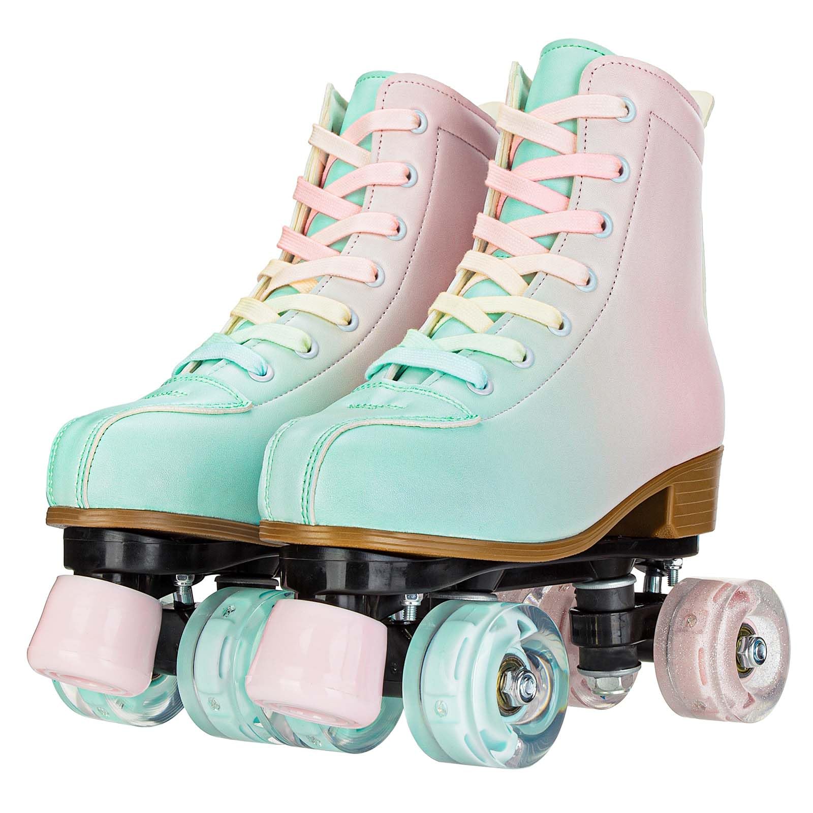 YYW Roller Skates for Girls and Women, Fantastic Gradient Pink and Green PU Leather Light Up Kids Youth Roller Skates, Indoor Outdoor
