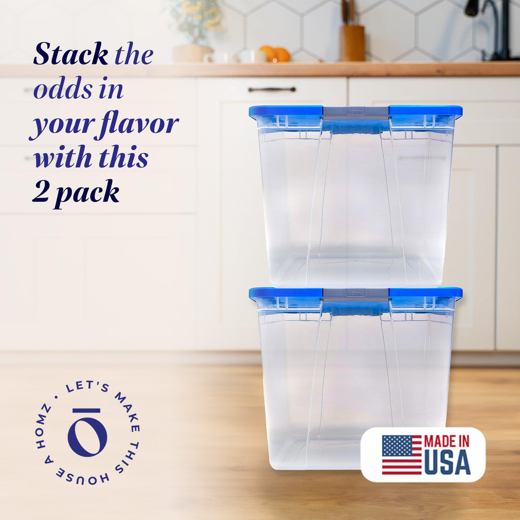 HOMZ 4-Pack Secure Latch, Clear Plastic Storage Organizer Bins, 15 Quart, Gray Lid - Stackable Container Boxes for Bedroom, Bathroom, Garage, and Office Organization