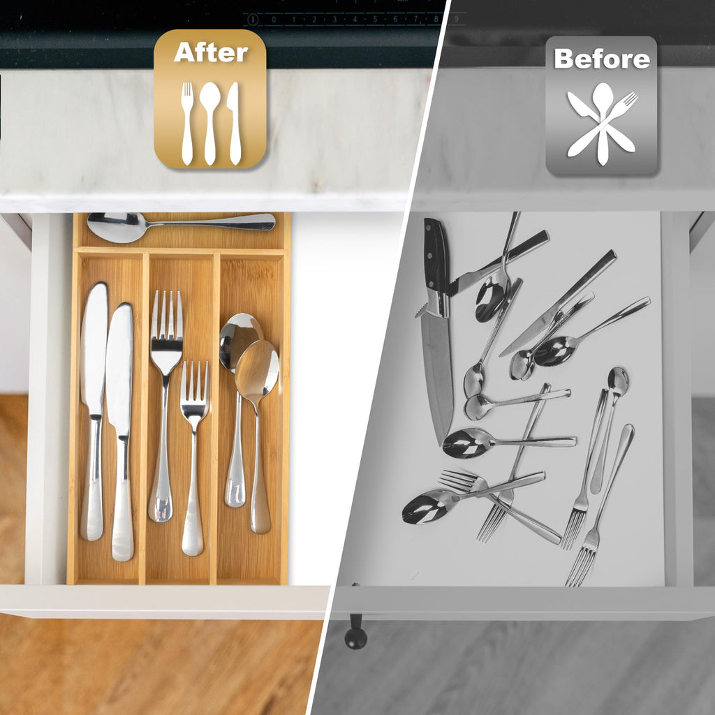 Acacia 4 Slot Silverware Drawer Organizer - Cutlery Holder with Flatware Tray