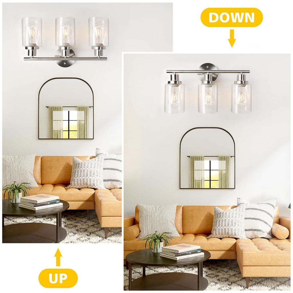 Unicozin 2 Pack Modern Bathroom Light Fixtures, 3 Light Vanity Lights, Black Wall Lamp with Clear Glass for Bathroom, Mirror, Living Room, Bedroom, Hallway, E26 Base