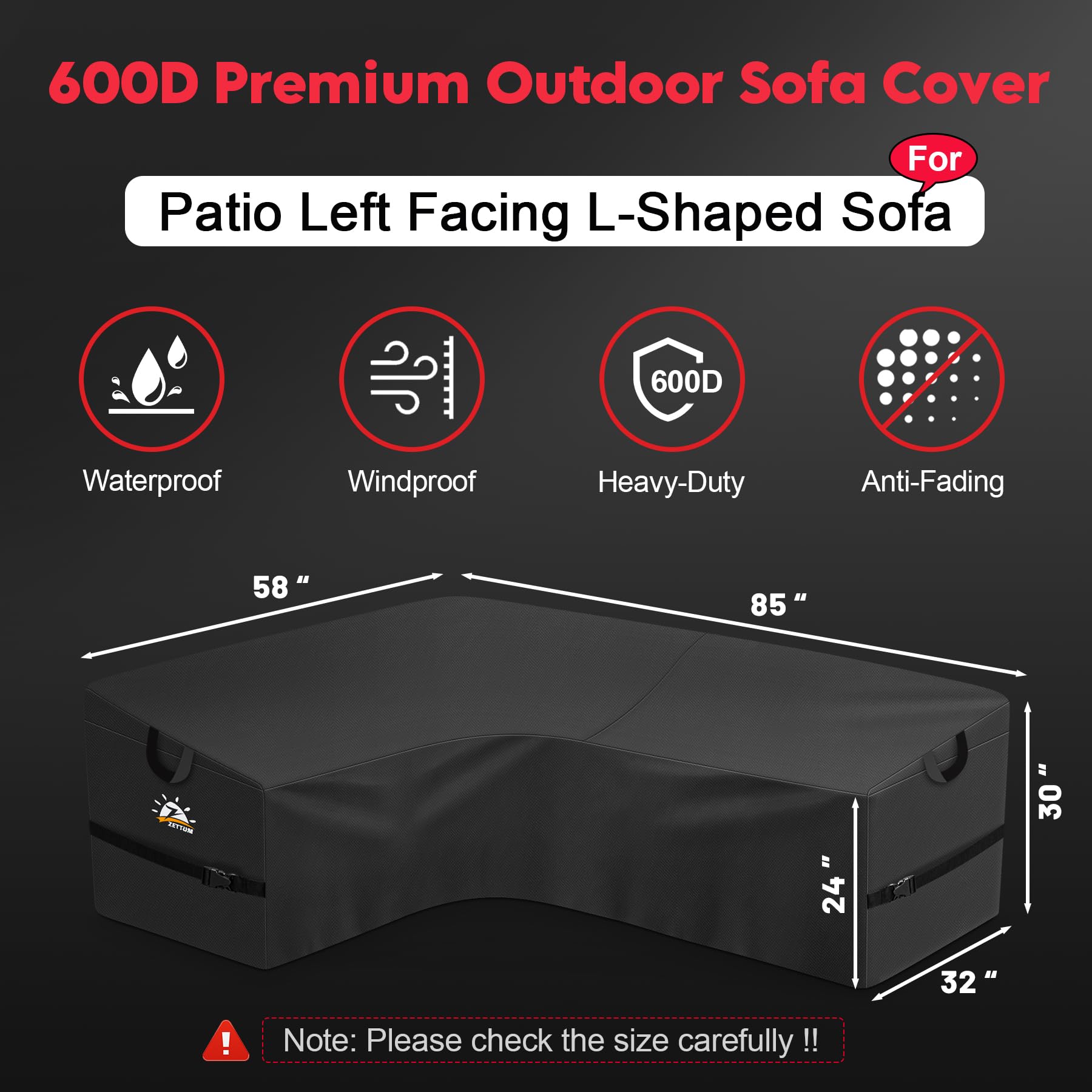 Zettum Outdoor L-Shaped Sectional Cover - 600D Patio Sectional Sofa Cover, Waterproof Patio Furniture Covers for 4-Seater Outdoor Sectional Sofa and Couch, Left Facing, 58x85 Inch Wide