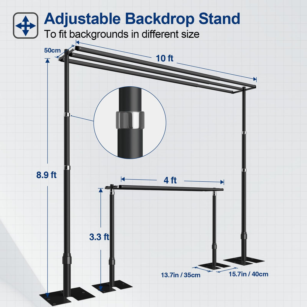EMART Backdrop Stand Heavy Duty 8.9x10Ft,Three Crossbar Pipe and Drape Photo Background Support Kit, Adjustable Metal Frame with Flat Base for Wedding Birthday Party Decorations-Black