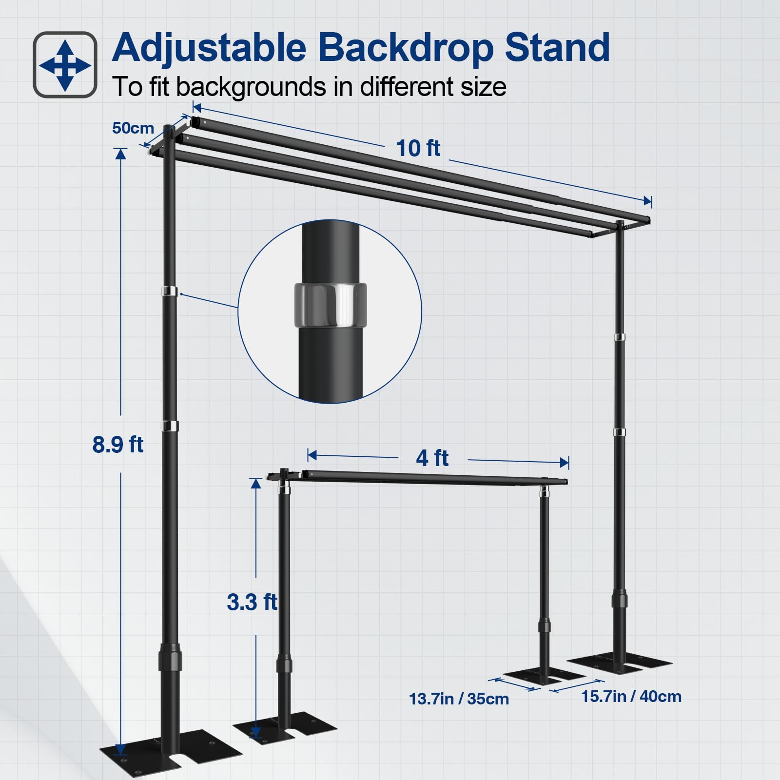 EMART Backdrop Stand Heavy Duty 8.9x10Ft,Three Crossbar Pipe and Drape Photo Background Support Kit, Adjustable Metal Frame with Flat Base for Wedding Birthday Party Decorations-Black