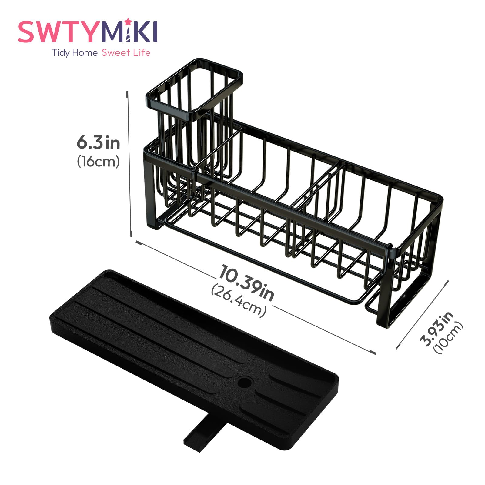SWTYMIKI Sponge Holder for Kitchen Sink - Sink Caddy with Brush Holder Self-draining Sponge Caddy Organizer with Divider Stainless Steel Kitchen Accessories Storage for Countertop, Black