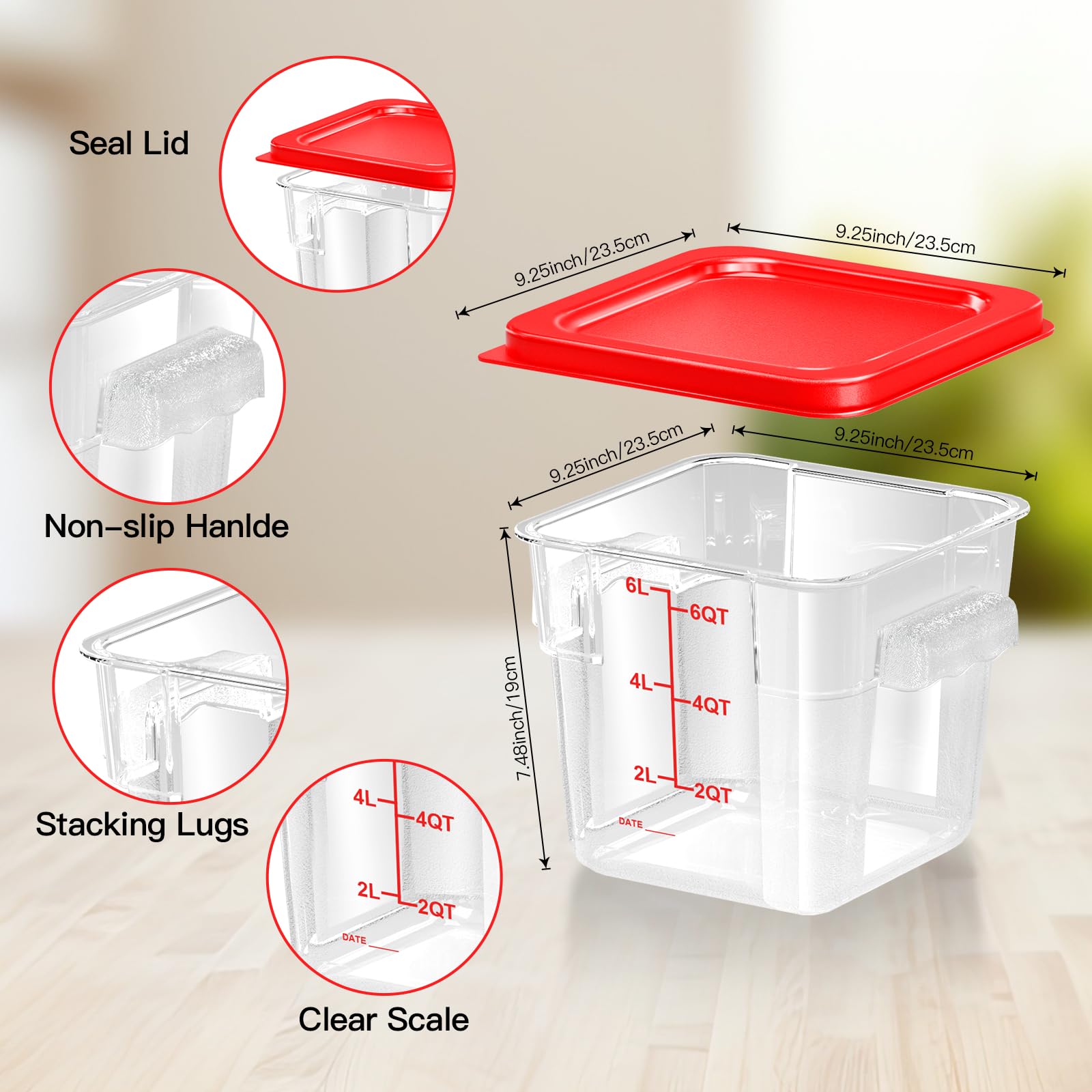 6 pcs 2qt Food Storage Containers with Lid, Square Clear Commercial Storage Containers with Handle and Scale for Food Storage in Home Kitchen & Dining (Green)