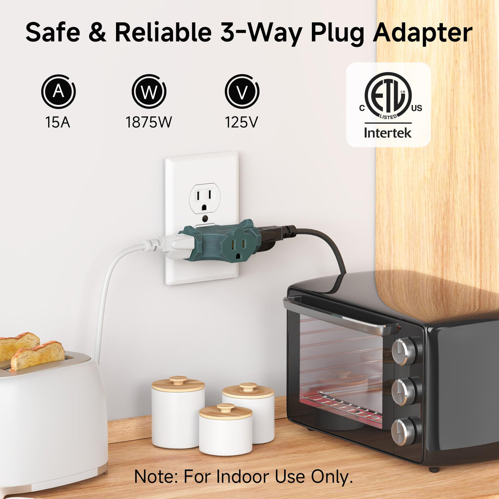 [ETL Listed] Cable Matters 3-Pack 3 Way Plug Adapter 15A 1875W, 3 Prong 3 Outlet Adapter, Power Splitter Plug Outlet, 3 Way Electrical Splitter, Black