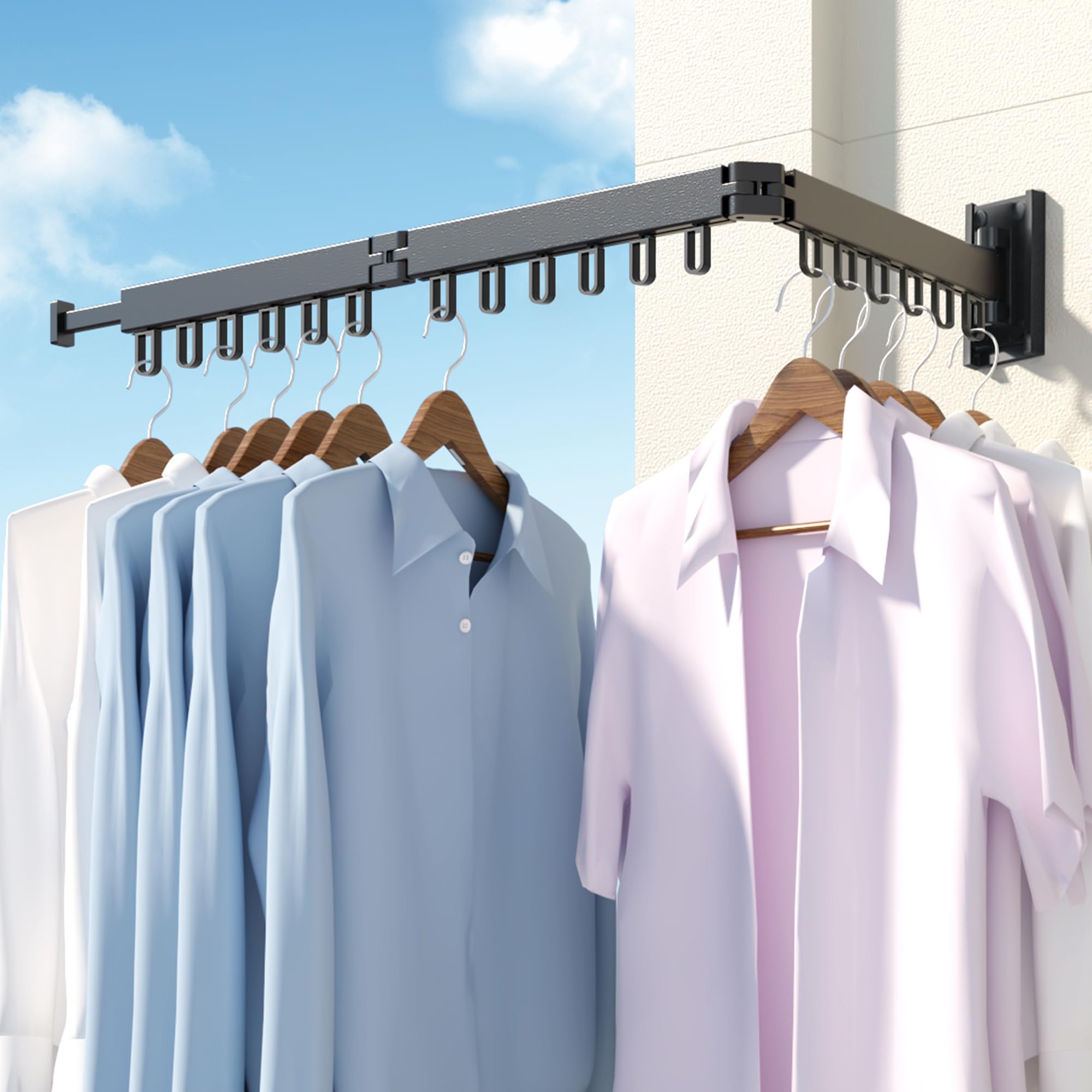HEILAIYI Clothes Drying Rack for Laundry,Wall Mounted Clothes Hanger Rack,Folding,Retractable,Collapsible(J Shape Hooks)