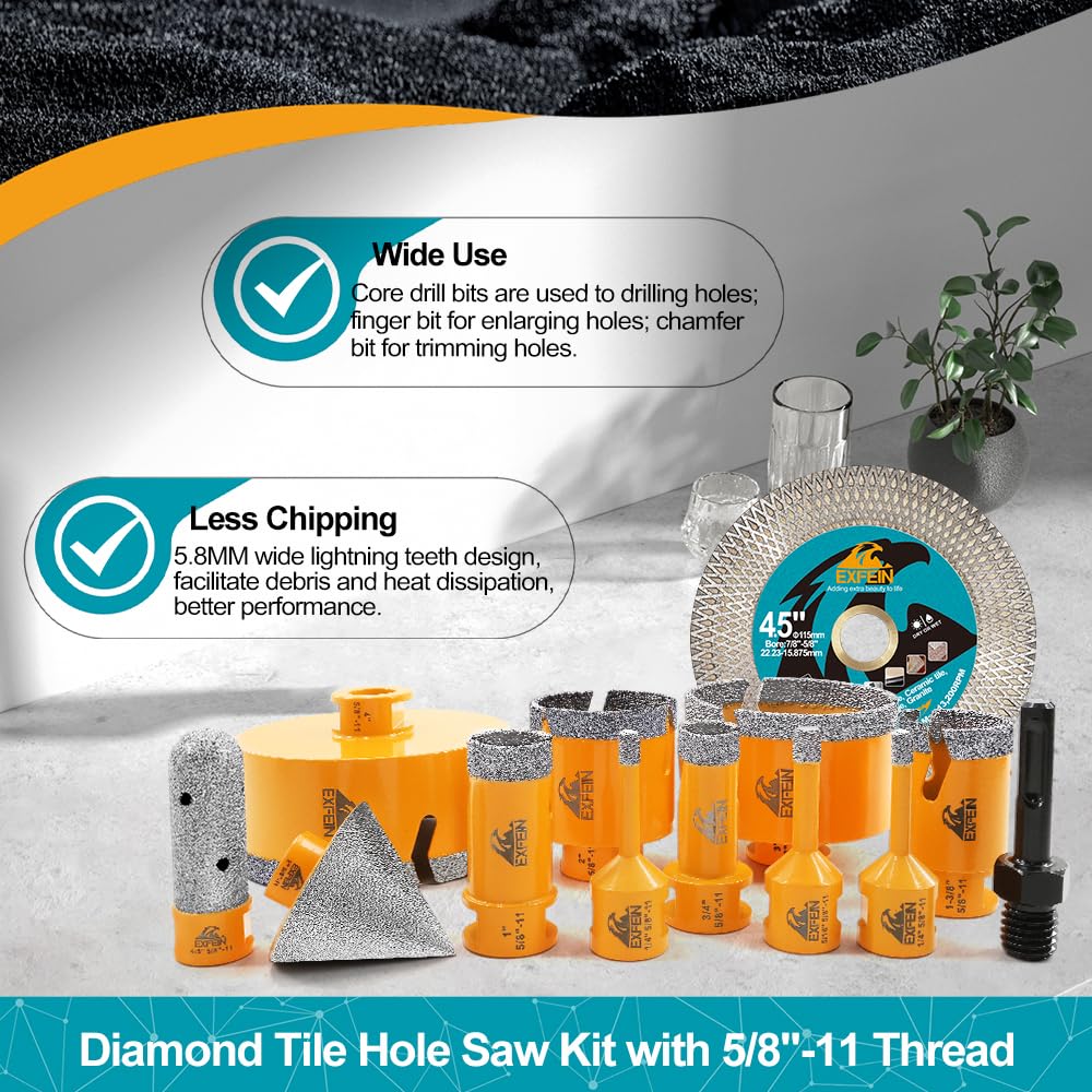 Diamond Tile Hole Saw Kit 12pcs - 6/8/10/25/35/50/65mm Core Drill Bits,10mm Milling Bit and 2" Chamfer Bit with Hex Adapter and 4.5" 2pcs Diamond Blade and for Tile Porcelain Marble