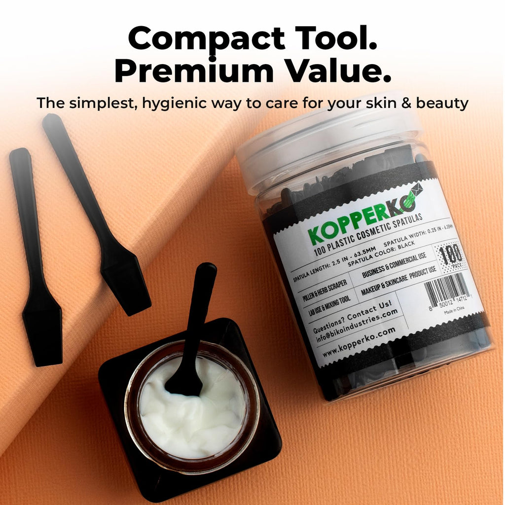 Kopperko Mini Lotion Spatula (2.5", 100 Pack) - Mini Spatula for Cosmetics, Creams & Crafts | Ointment Applicator for Mixing, Skincare, Face Mask | Disposable Lotion Applicator for Face | Black