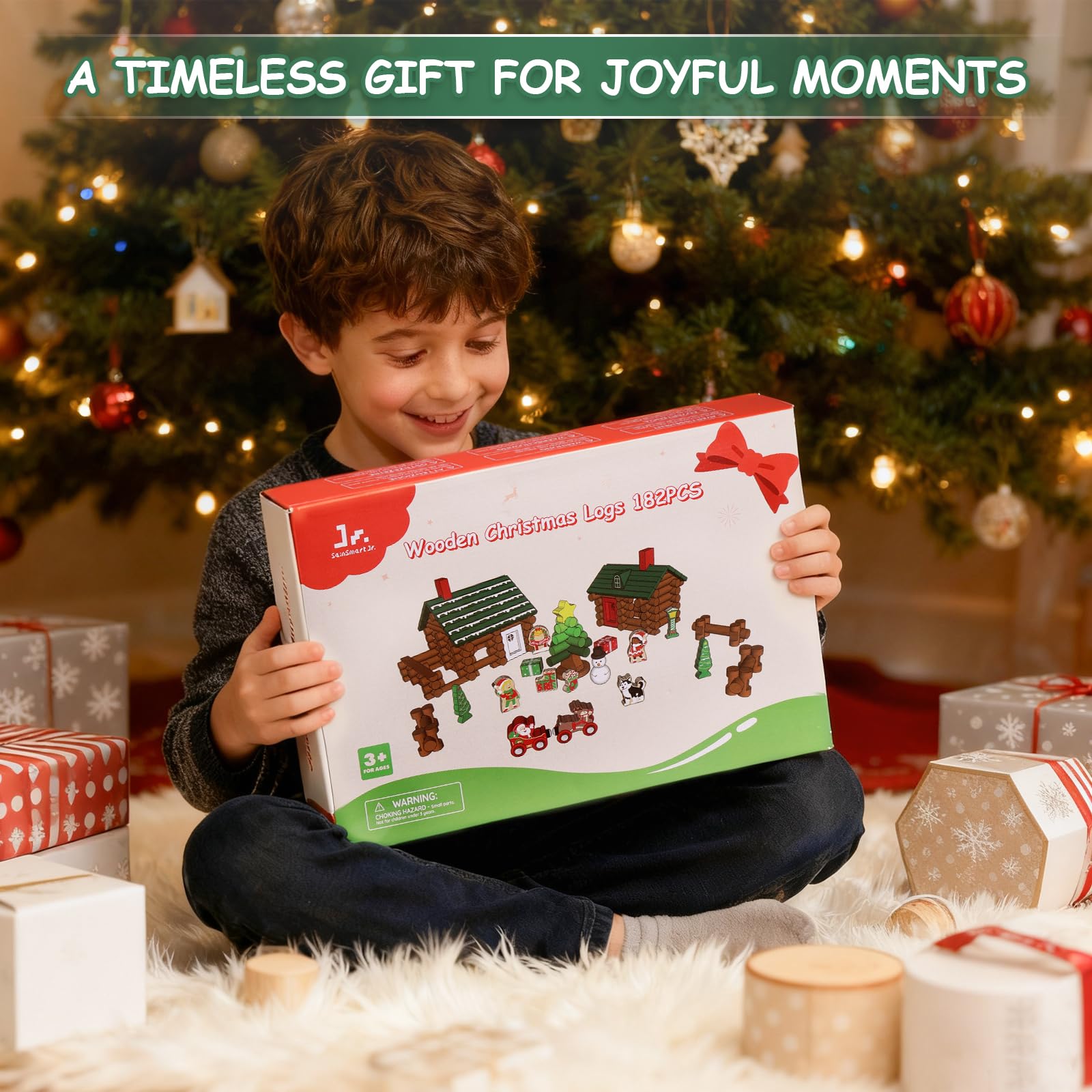 SainSmart Jr. 110 PCS Wooden Log Cabin Set Building House Toy for Toddlers, Classic STEM Construction Kit with Colorful Wood Logs Blocks for 3+ Years Old