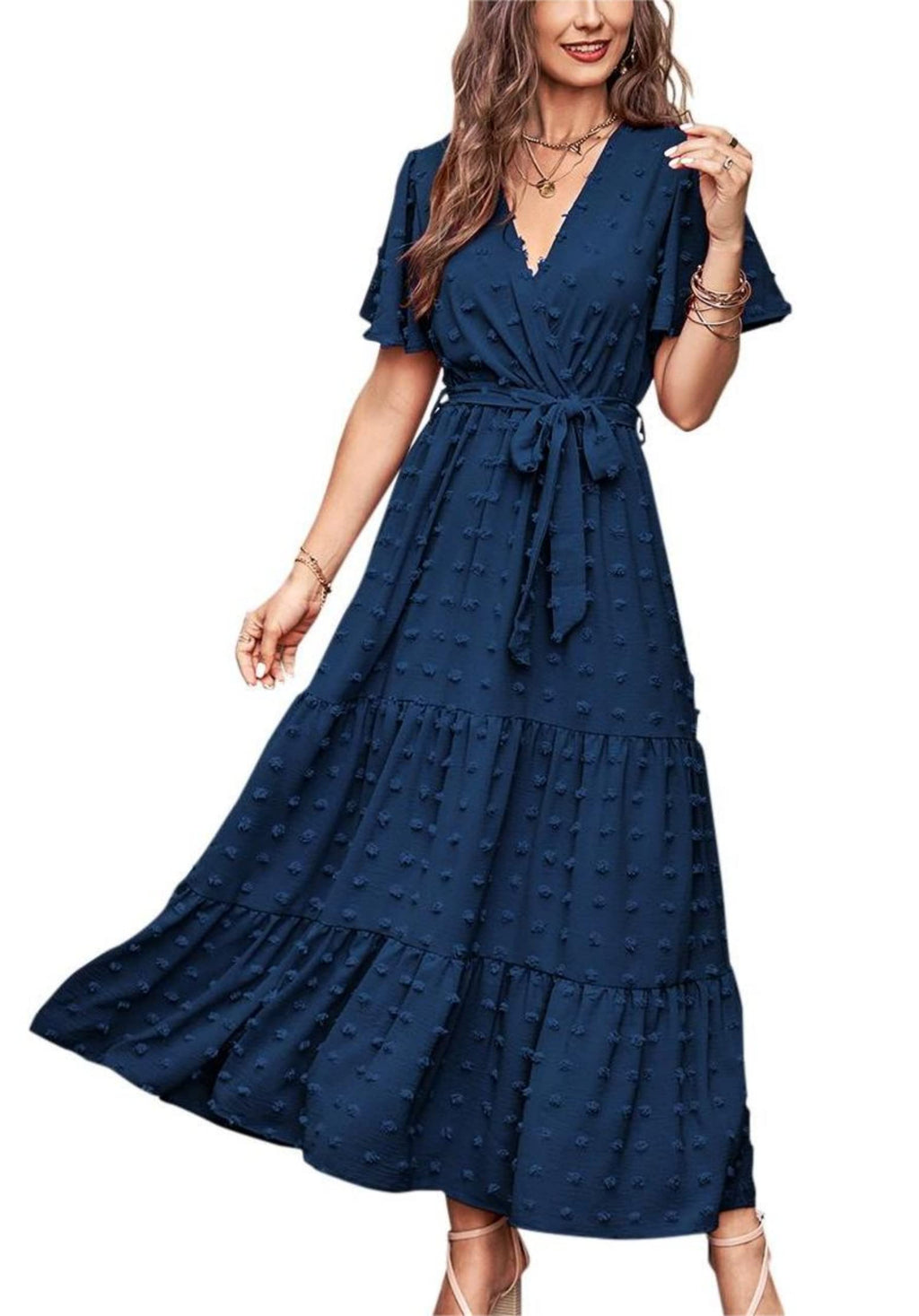 MASCOMODA Womens Summer Swiss Dot Maxi Dresses Wrap V Neck Flutter Short Sleeve Boho Casual Flowy Long Wedding Guest Dress