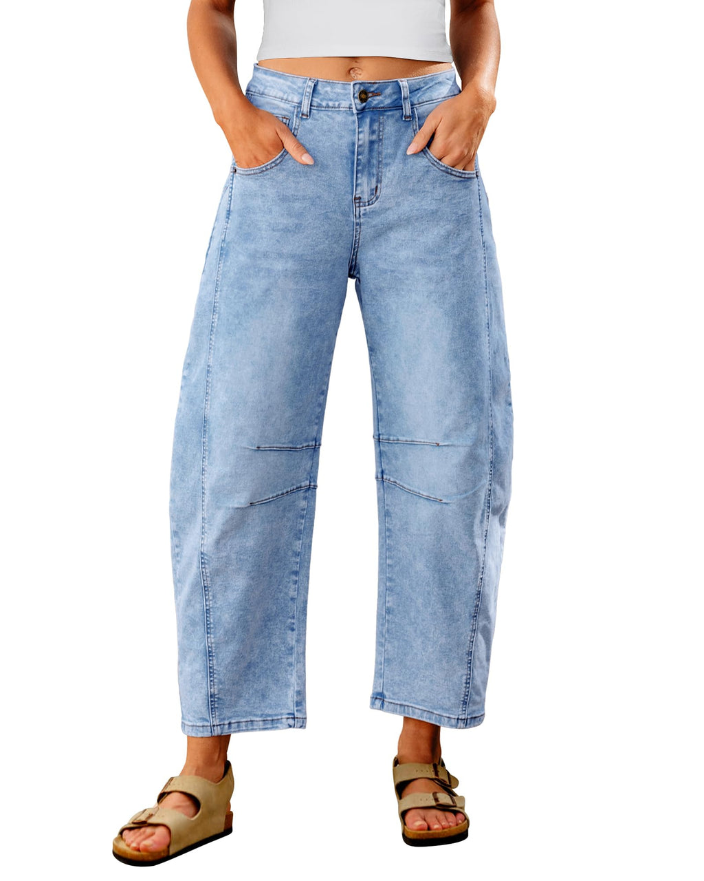 Utyful Barrel Jeans Women Cropped Baggy Trendy High Waisted Distressed Loose Stretch Denim Trouser Jeans with Pockets
