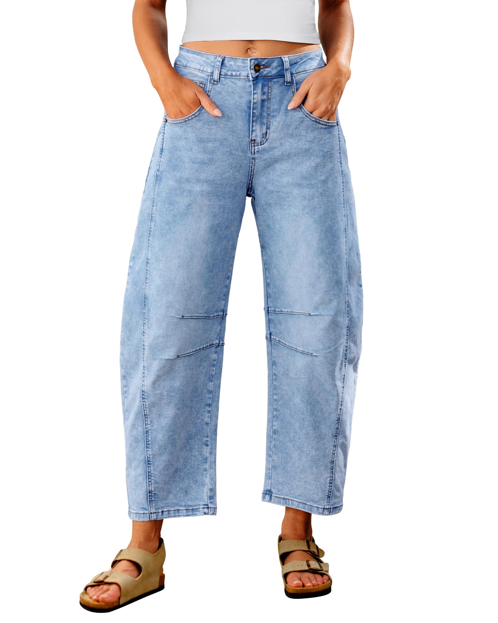 Utyful Barrel Jeans Women Cropped Baggy Trendy High Waisted Distressed Loose Stretch Denim Trouser Jeans with Pockets
