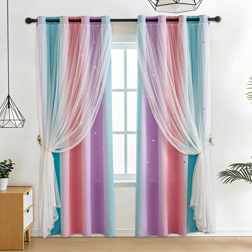Anytime Star Cut-Out Blackout Curtains for Bedroom 2 Panels,2-Layers Mix Design of Fabric & Tulle,Pretty Pure Color Window Curtain for Kids Room(W35 x L45,LPink)