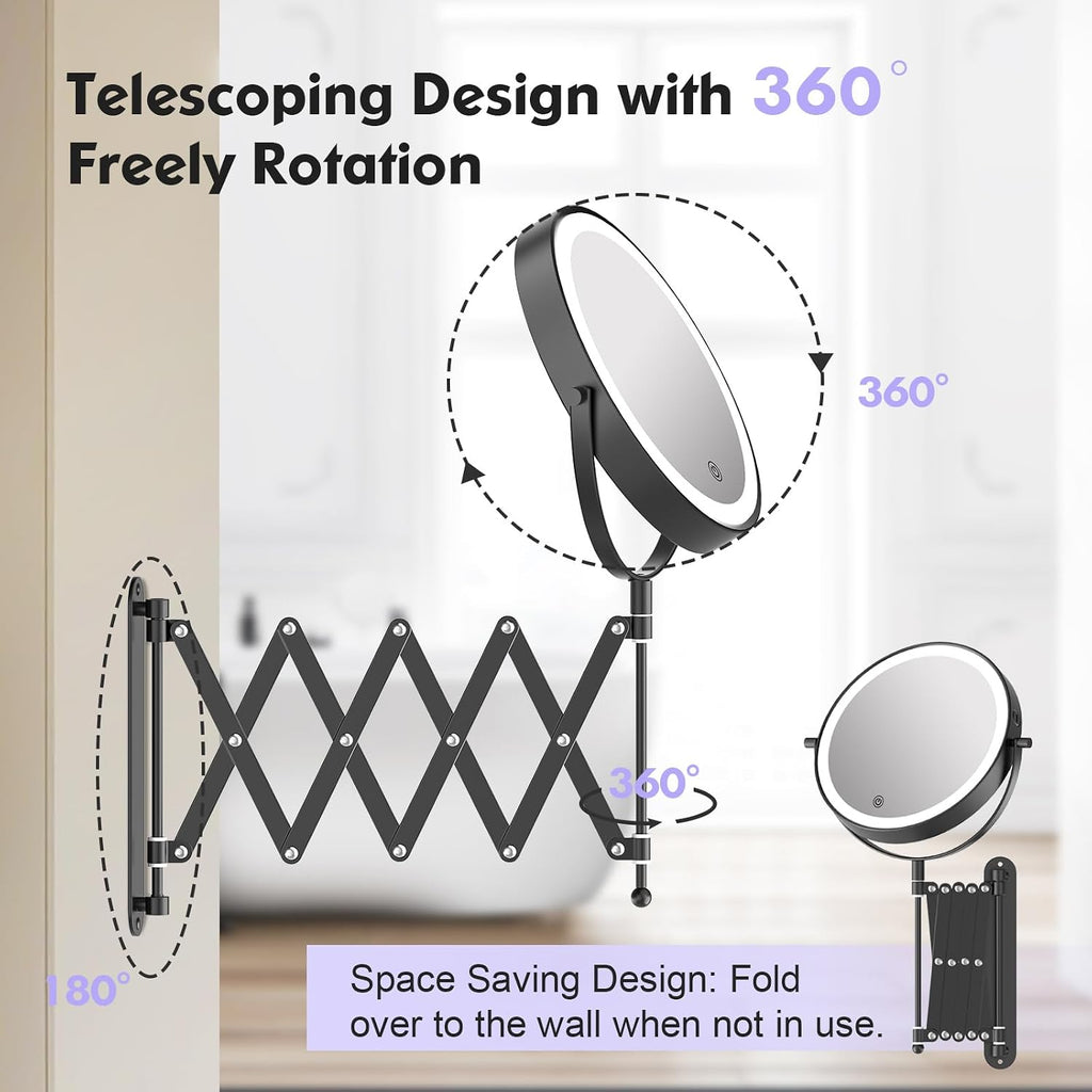 FUNTOUCH Rechargeable Cosmetic Mirror with 1X/30X Magnification, 4000 mAh, 3 Colours Lighting, Extended Arm Makeup Mirror, 360° Rotatable Wall Mirror for Bathroom and Hotel (Black)