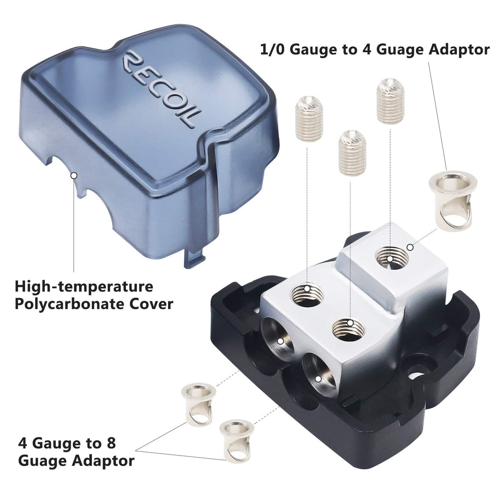 RECOIL DB12 2 Way Power Distribution Block, 1 X 0/2/4 Gauge in / 2 X 4/8 Gauge Out Power Distribution Ground Distributor Block for Car Audio Amplifier Splitter