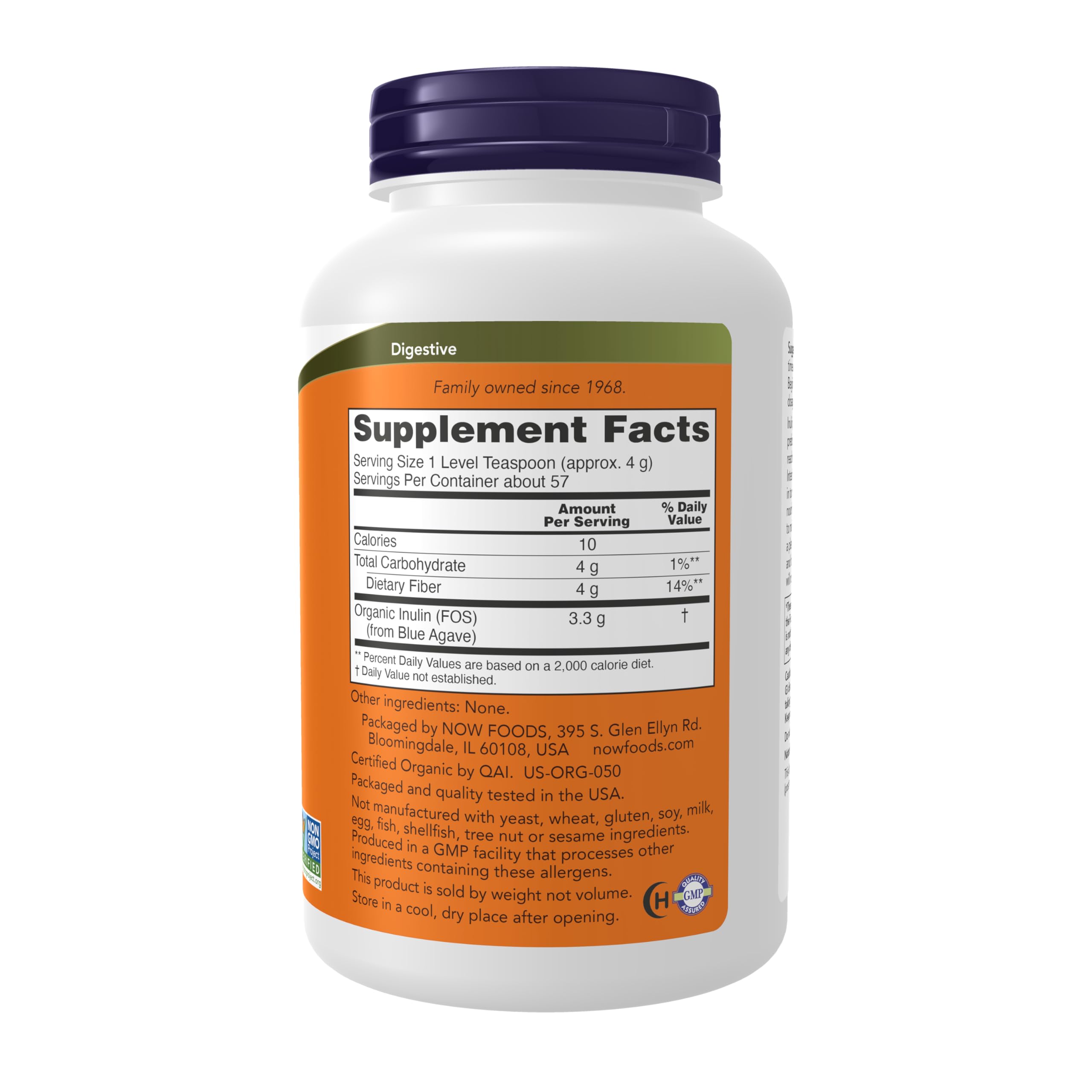 NOW Foods Suplementos, polvo puro prebiótico de inulina, certificado orgánico, proyecto verificado sin OMG, soporte intestinal*, 1 libra