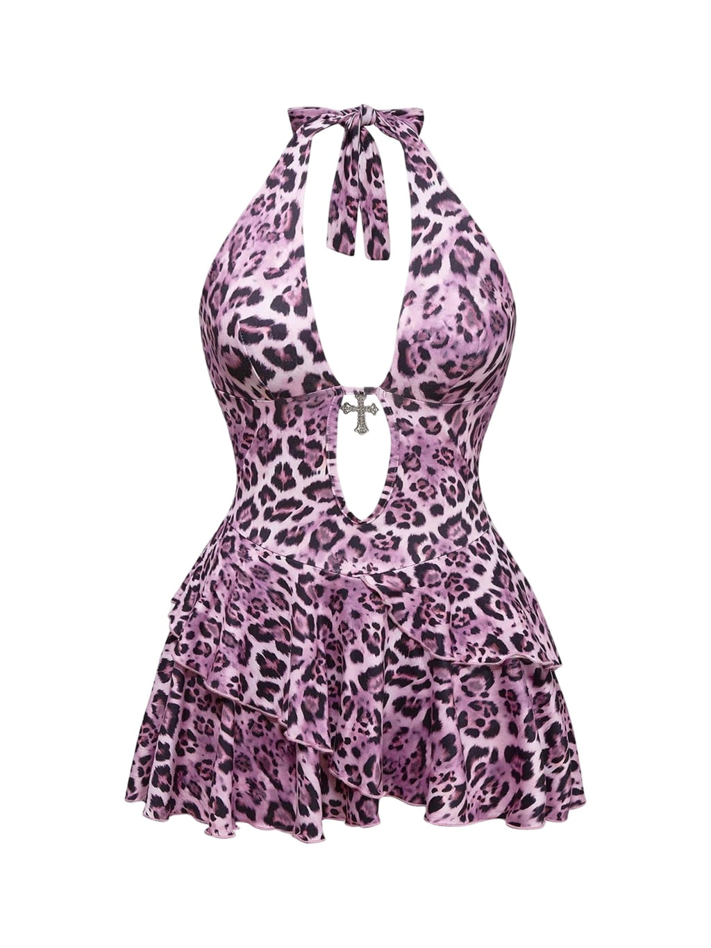 SOLY HUX Women's Plus Size Leopard Print Halter Dress Y2k Gothic Deep V Cheetah Tie Backless Layered Ruffle Mini Dresses