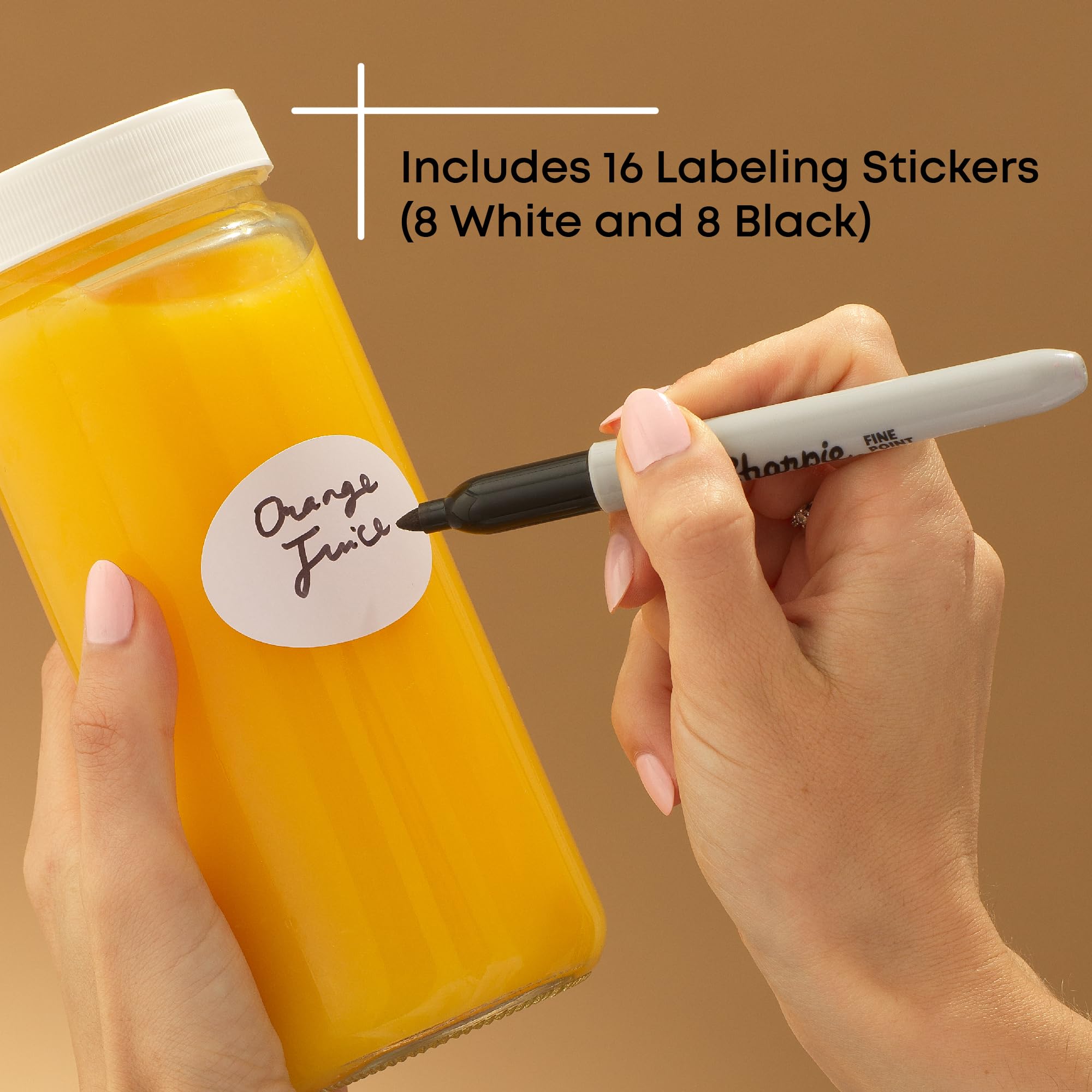 JoyJolt Glass Juice Bottles, 16 oz Glass Bottles with Caps. Set of 8 Juice Containers with Lids for Fridge, and Labels for Juice Jars. Glasses for Juice, Cold Brew Bottles, Smoothie Jars