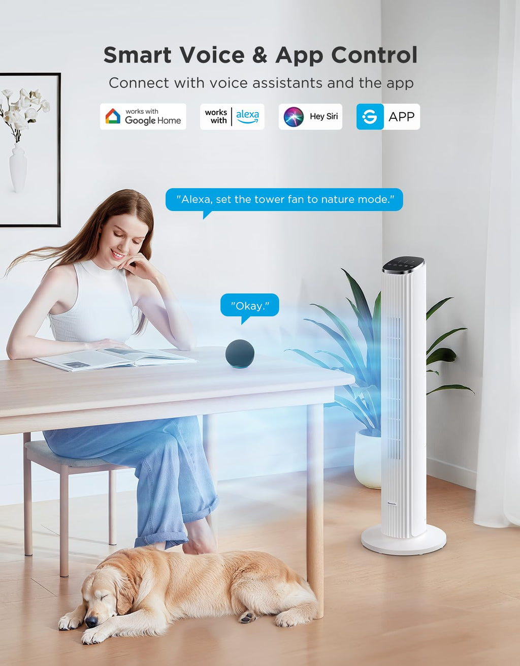 GoveeLife White Tower Fan for Bedroom, 36" Smart Floor Fan with App/Voice Control, Temperature Sensor, 5 Modes 8 Speeds(25ft/s), 29dB Quiet Oscillating Fan for Office, 24H Timer, Auto Cooling