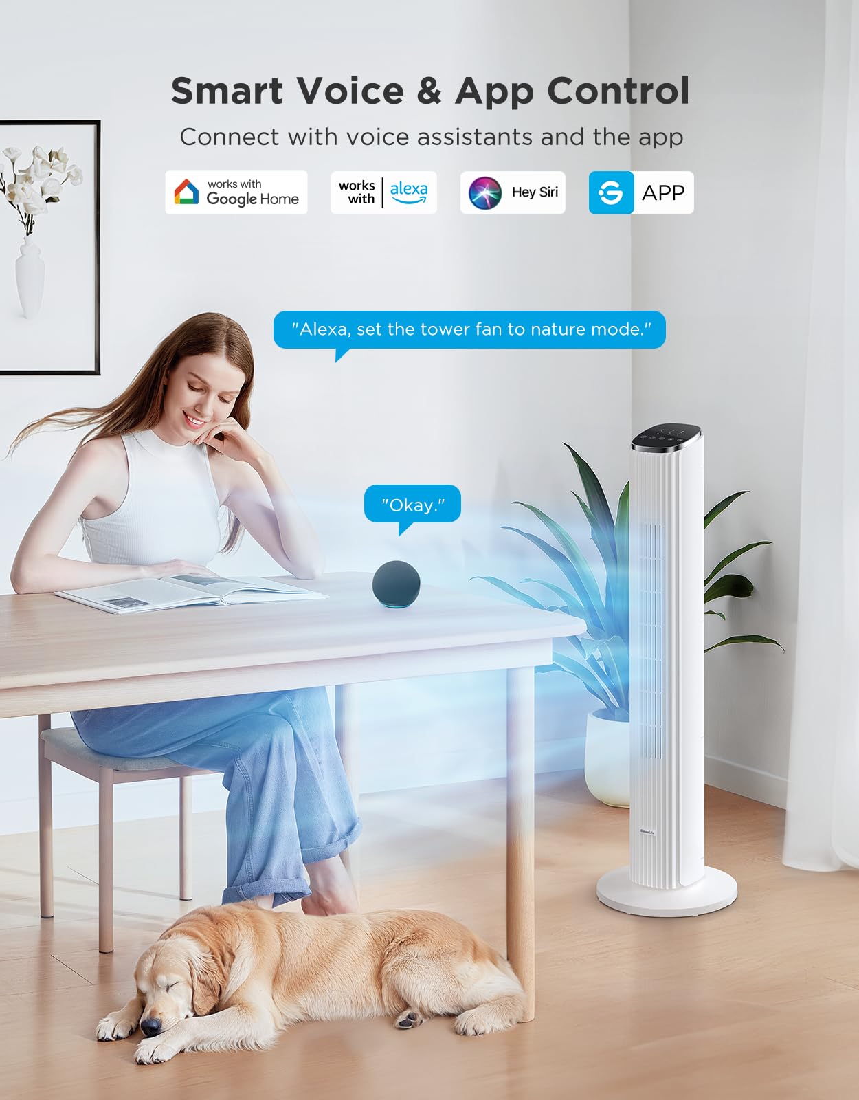 GoveeLife White Tower Fan for Bedroom, 36" Smart Floor Fan with App/Voice Control, Temperature Sensor, 5 Modes 8 Speeds(25ft/s), 29dB Quiet Oscillating Fan for Office, 24H Timer, Auto Cooling