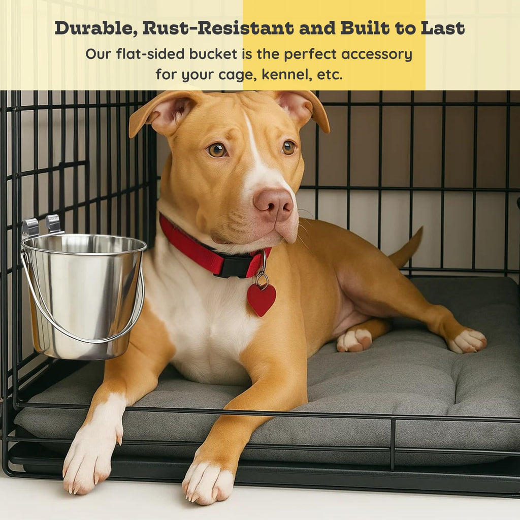 1 quart Stainless Steel Flat Sided Bucket with Dual Hooks | 0.25 gal Durable Food & Water Bowl for Dog Cat Bird & Small Animals | Fits kennel Cage Critter Crate | Hanging Utility Pet Pail