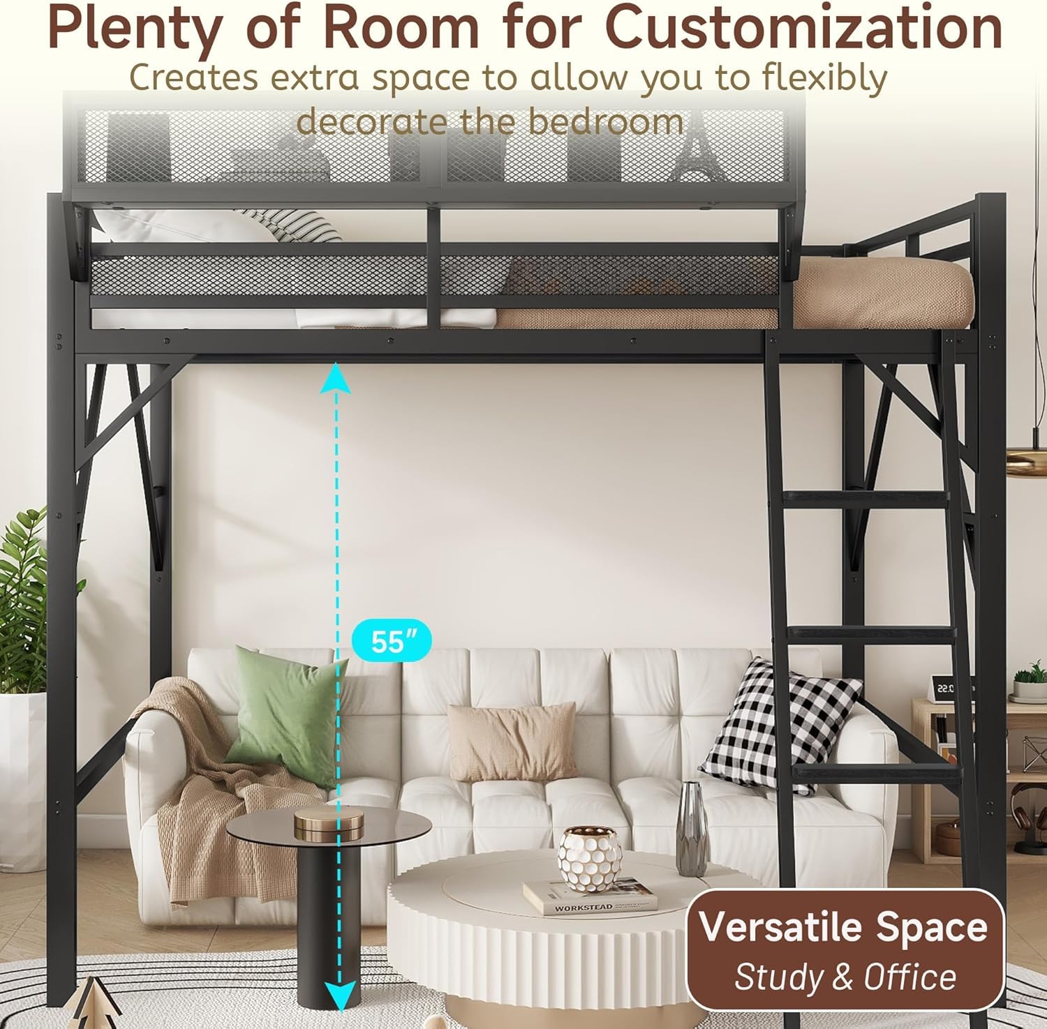 Mirightone Full Size Loft Bed with Stairs, Metal Loft Beds, High Loft Bed Frame with Storage Shelves, Lofted Full Bed with Wardrobe for Kids and Teens, No Box Spring Needed (Black)