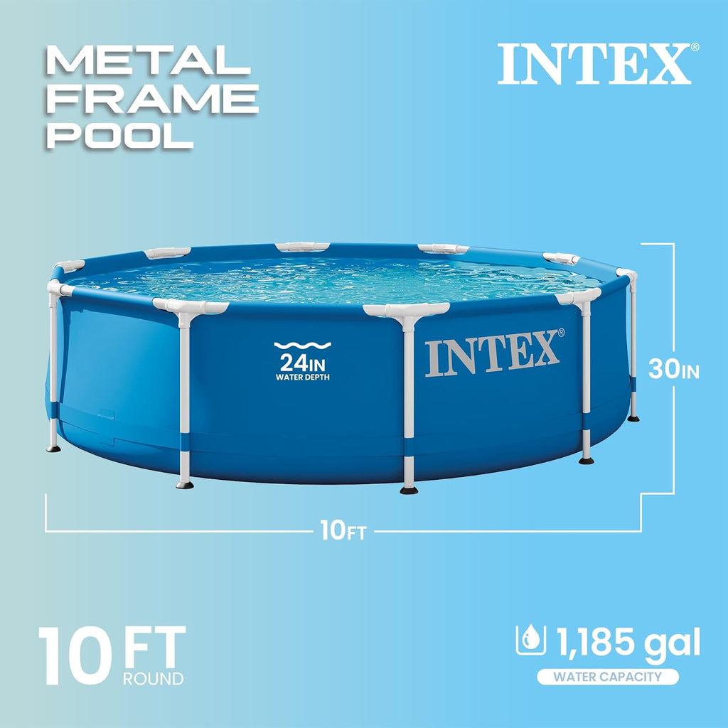 INTEX Metal Frame 10ft x 30in Round Above Ground Outdoor Swimming Pool Set with 330 GPH Filter Pump, Cartridge, and Protective Round Pool Cover