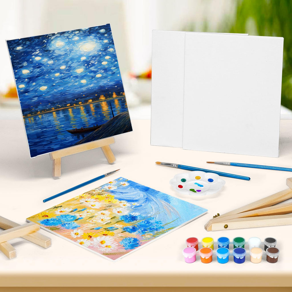 2 Pack 8 * 10In Canvas Boards for Painting, Art Canvas for Drawing with 4 Brushes & 2Paint Trays & 4 Acrylic Paint, Mini Painting Canvas with Easel Set, Painting Kits for Adults Party