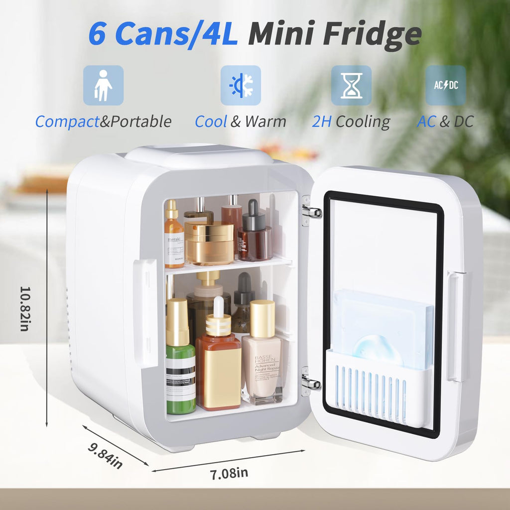 YASHE Mini Fridge, 4 Liter/6 Can Mini Makeup Fridge, 110V AC/ 12V DC Portable Thermoelectric Cooler&Warmer for Skincare, Drink, Cosmetic, Medicine, Small fridge for Bedroom, Office, Dorm, Car, Black