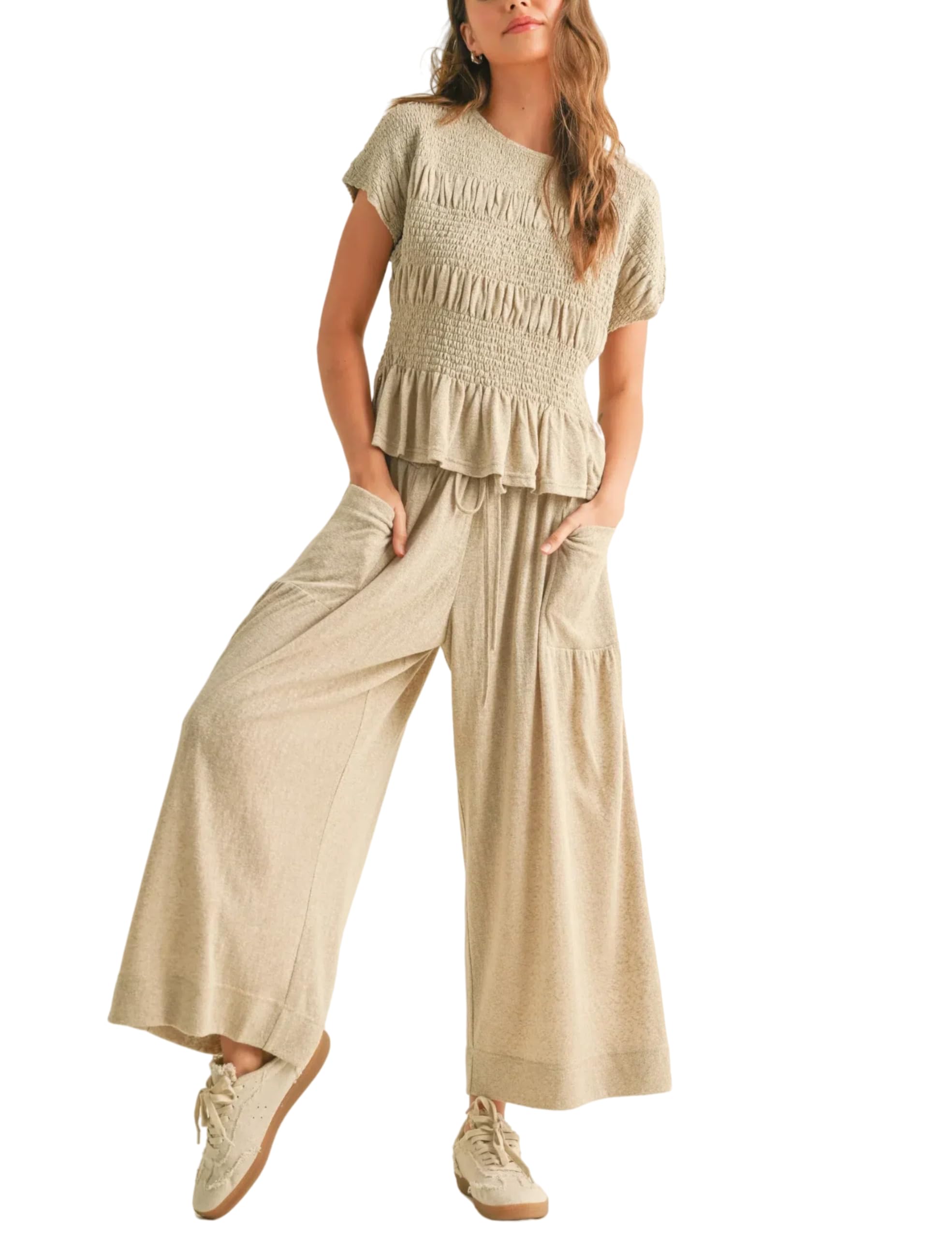 Antnation Womens 2 Piece Smocked Top Wide-Leg Pants Set High-Waisted Lounge Outfit with Pockets Casual Boho Matching Set