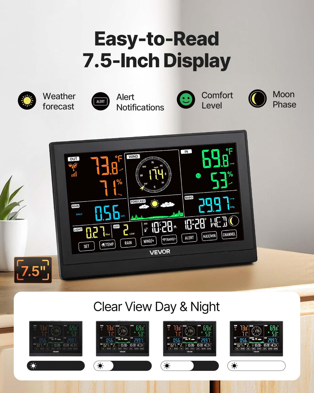 VEVOR 5-in-1 Wireless Weather Station, 7.5-Inch VA Display, Solar Powered Outdoor Sensor, Rain Gauge, Indoor Outdoor for Weather Forecast, Temperature, Humidity, Wind Speed and Direction (No WiFi)