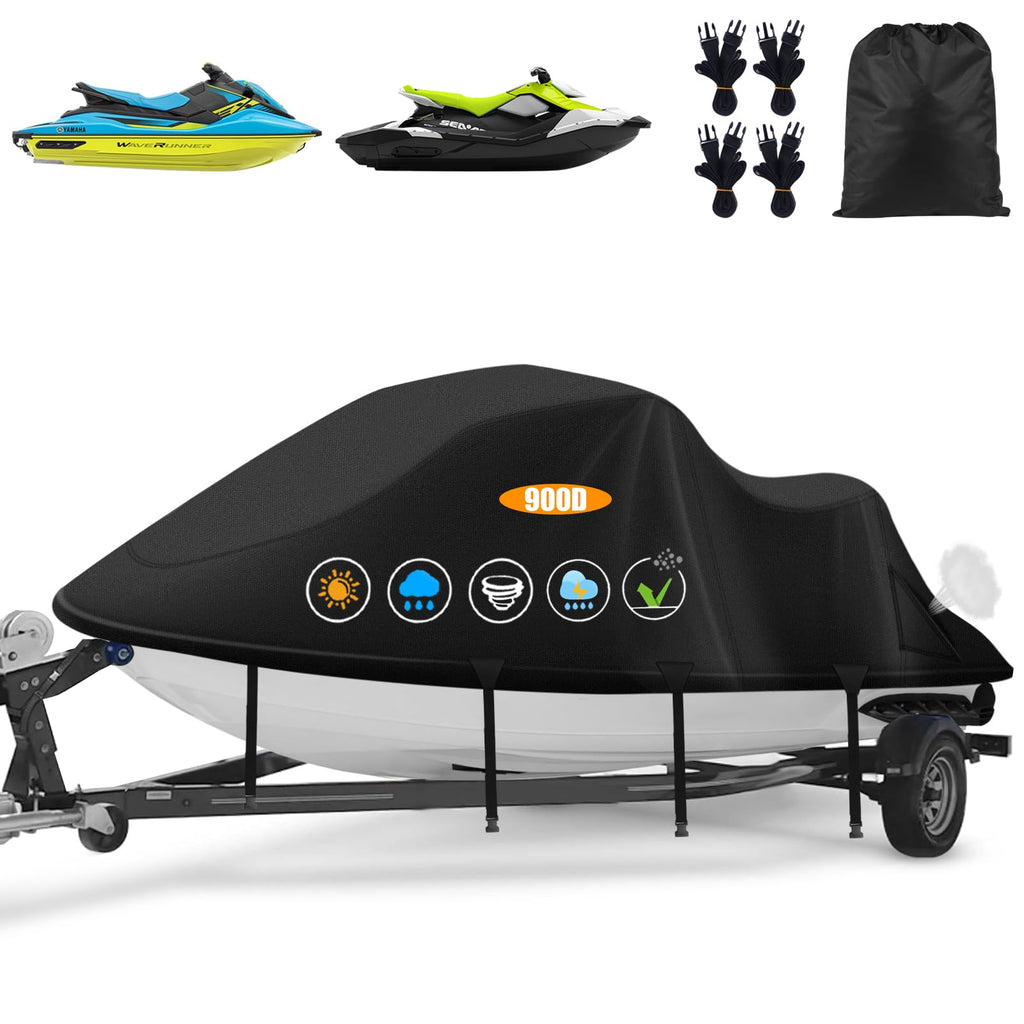 Jet Ski Cover,Heavy Duty 900D Oxford Jetski Cover 2 3 Seater with 2 Air Vents，4 Windproof Buckles，Easy On，Jetski Cover Waterproof for Seadoo Spark,Yamaha,All Weather Protection(Black, XL:115"-120")