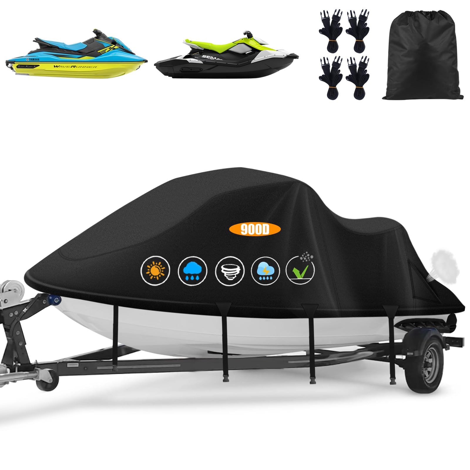 Jet Ski Cover,Heavy Duty 900D Oxford Jetski Cover 2 3 Seater with 2 Air Vents，4 Windproof Buckles，Easy On，Jetski Cover Waterproof for Seadoo Spark,Yamaha,All Weather Protection(Black, XL:115"-120")