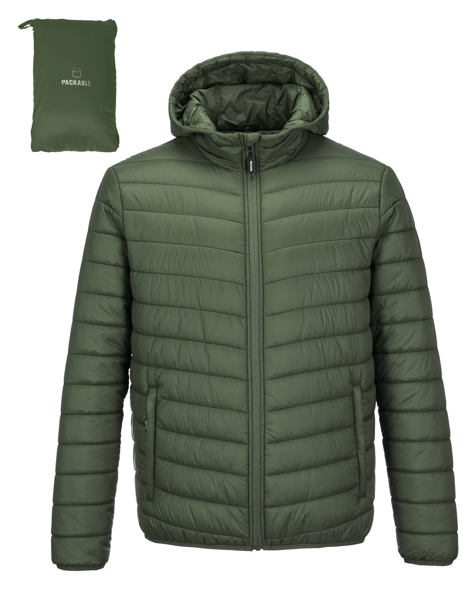 Outdoor Ventures Men's Lightweight Packable Hooded Puffer Jacket Insulated Winter Coat for Snow Ski Traveling
