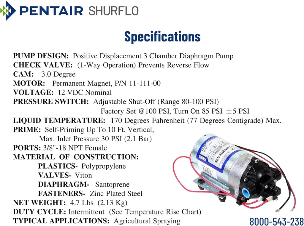 PENTAIR SHURFLO 8000-543-238 High Pressure 12V DC Diaphragm Pump, 1.8 GPM 100 PSI Automatic Demand Water Pump, Viton Valves & Santoprene Diaphragm, 3/8" NPT Female Ports for Agricultural Sprayers