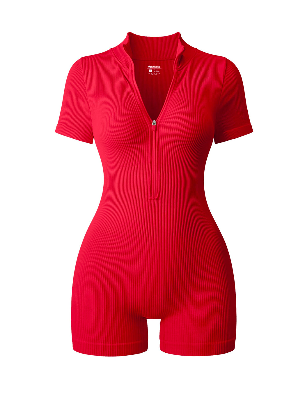 OQQ Women Rompers Ribbed Short Sleeve Zip Front Stretch Tummy Control Yoga Workout Rompers
