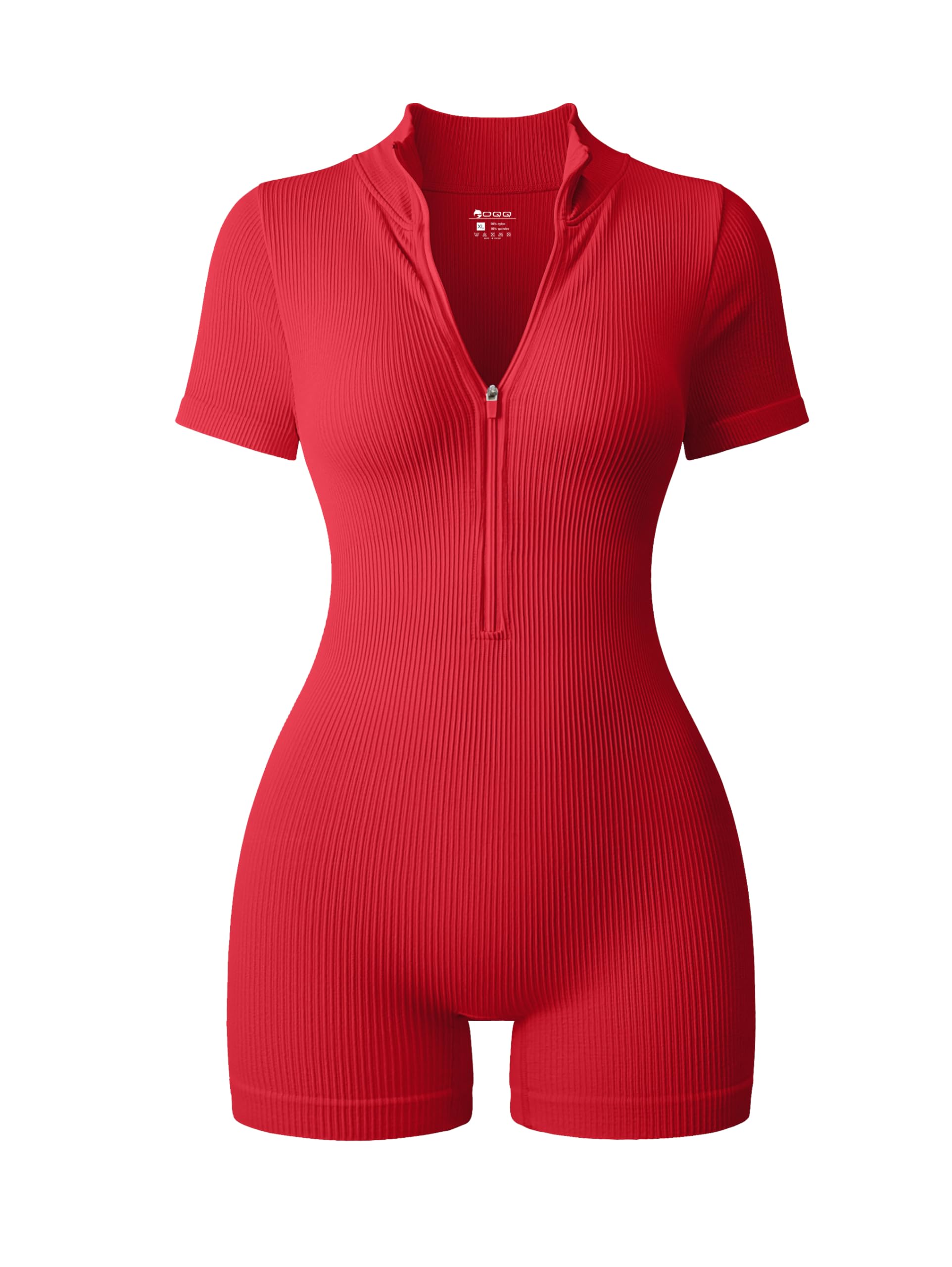 OQQ Women Rompers Ribbed Short Sleeve Zip Front Stretch Tummy Control Yoga Workout Rompers