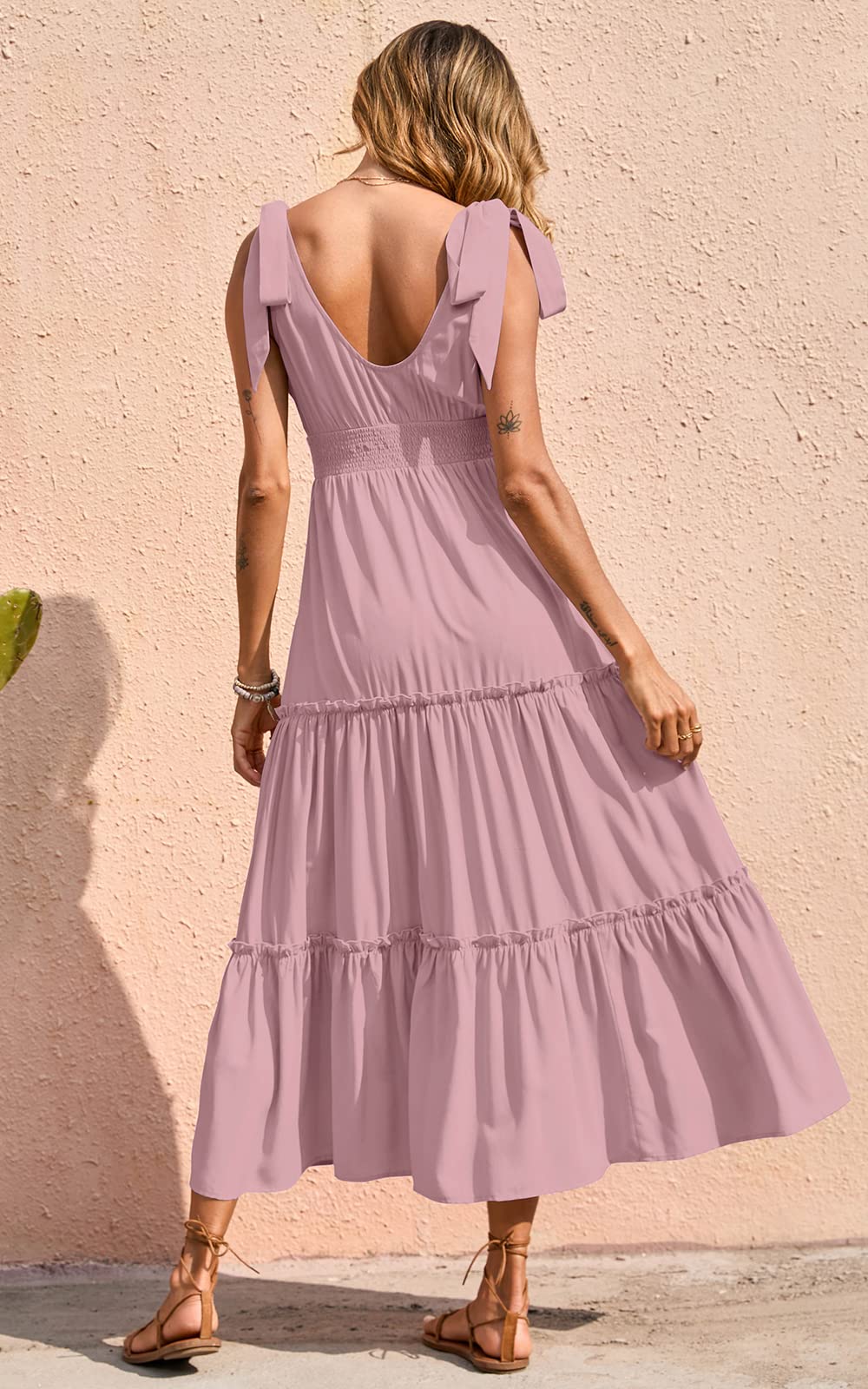 PRETTYGARDEN Women's Cross Neck Summer Sleeveless Tiered Maxi Dress Beach Tie Strap Smocked Long Dresses Pleated Sundress