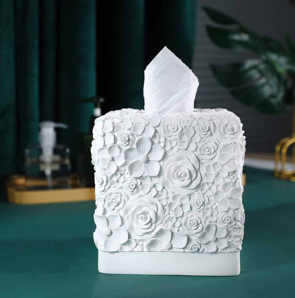 Hymmah Square Tissue Box Cover Holder with Tray,Unique Cube Design Tissue Dispenser Cover Decor for Vanity Counter Tops Also Great for Bedroom and Living Room
