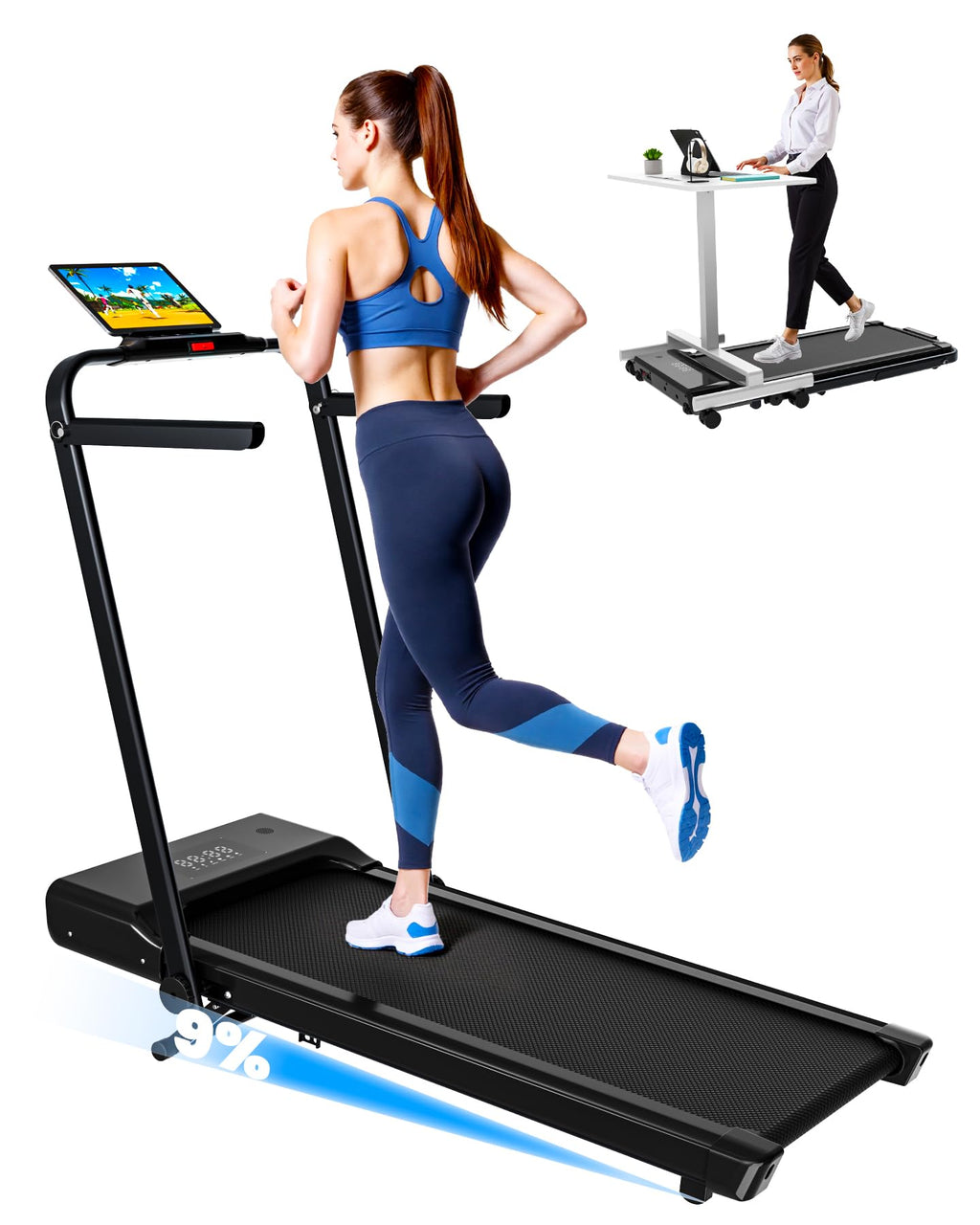 DeerRun Walking Pad Treadmill with Incline and Handle Bar, 4-in-1 Foldable Under Desk Treadmills for Home Small or Office, 300 lbs Capacity 3.0 HP Folding Portable Walking Pad with APP