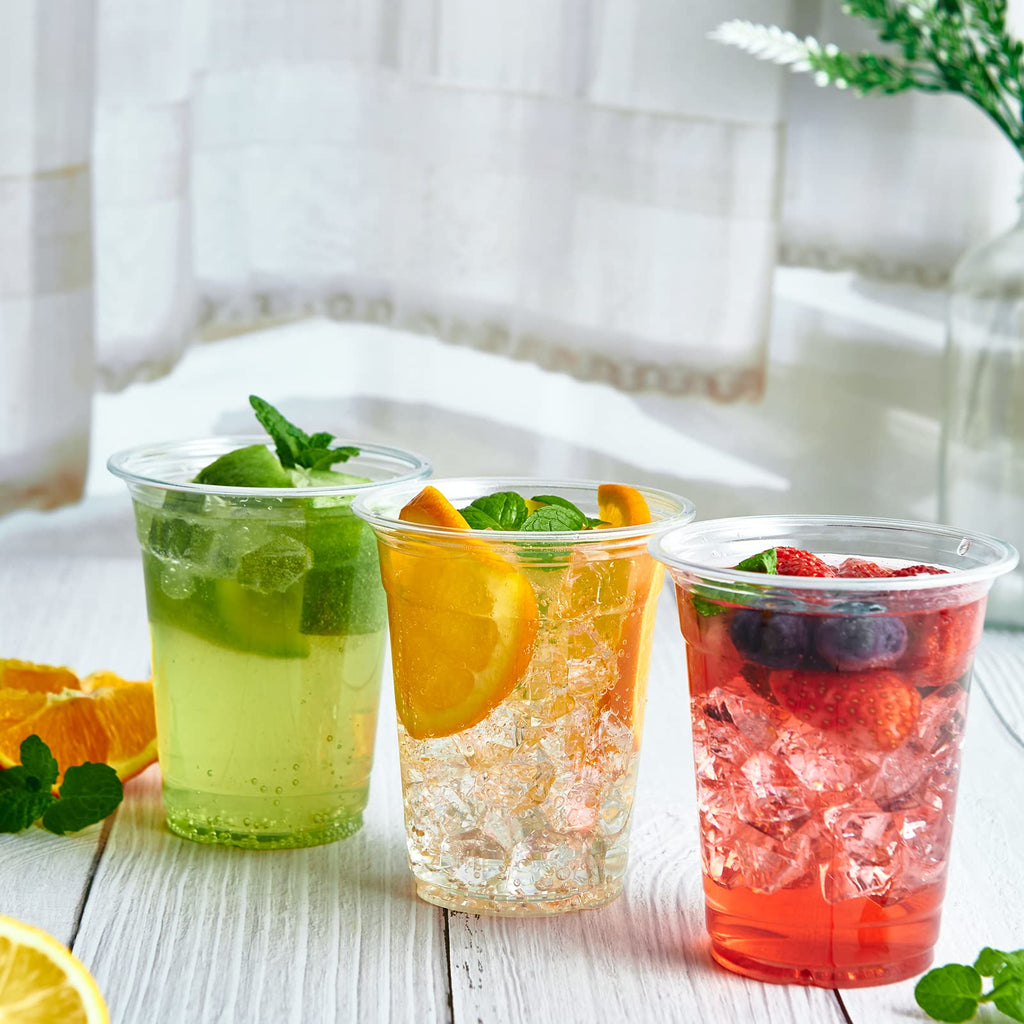 Lilymicky 200 Sets 10 oz Clear Plastic Cups With Flat Lids, 10 Ounce Disposable Drinking Cups for Smoothie, Slurpee, or Any Cold Drinks