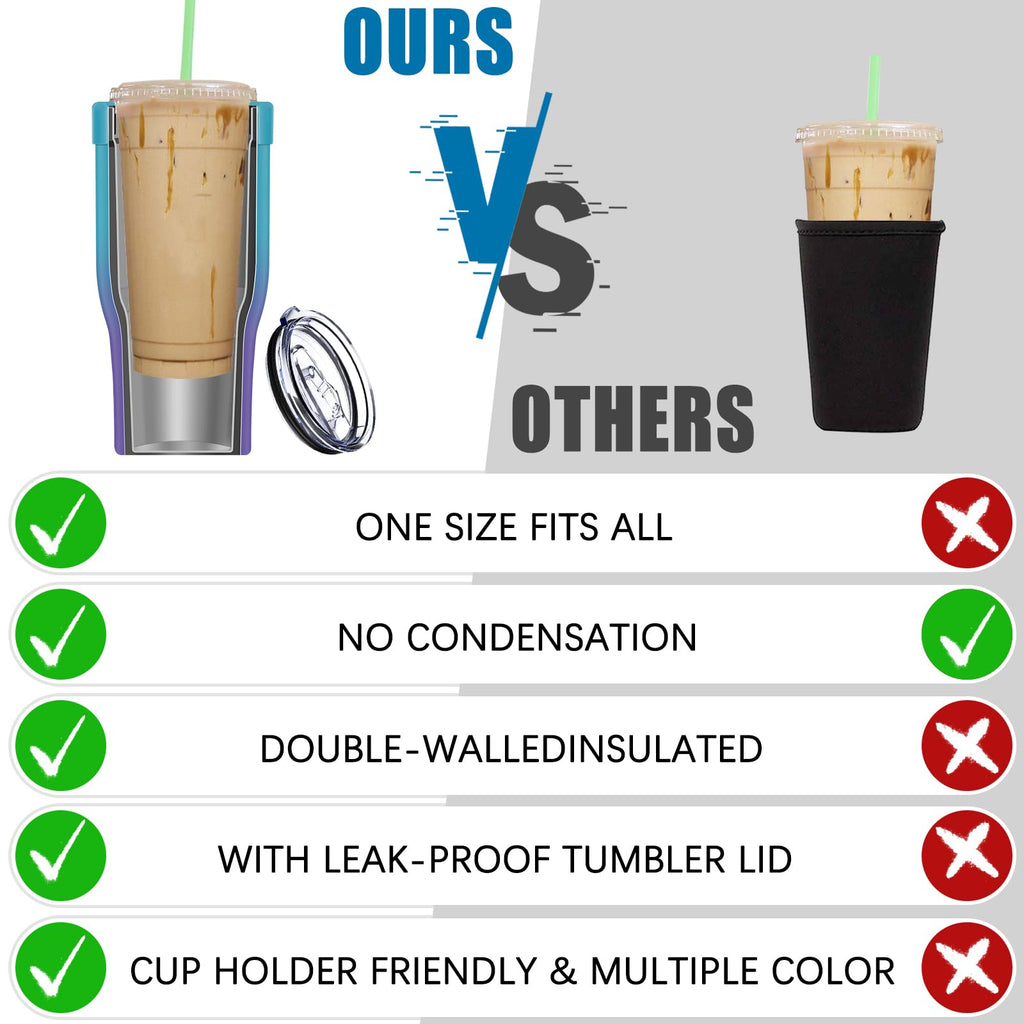 Universal Iced Coffee Sleeve - Upgraded Double Wall Reusable Stainless Steel Holder Sleeves Insulator for Cold Drinks Fits Starbucks Dunkin Donuts McDonalds Small Medium Large Cup (Aurora)