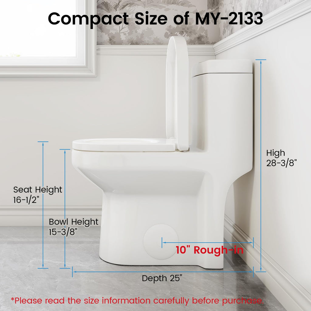 Compact One Piece Toilet for Bathroom, Space-Saving Powerful Dual Flush Round Small Toilet, Average 1.28 GPF, Skirted Design with Upgraded UF Quiet & Soft Close Seat (10" Rough-in Toilet)
