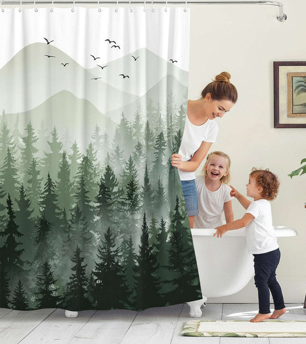 Stall Small Black and White Misty Forest Shower Curtain Ombre Gray Grey Mountain Pine Tree Waterproof Fabric Shower Curtains for Bathroom Nature Woodland Decorative Bath Curtain Decor 36×72 Inches