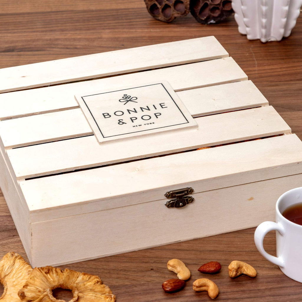 Nut Gift Basket, in Reusable Wooden Crate, Healthy Fathers Day Gift Option, Gourmet Snack Food Box, with Unique Flavors, Great for Feel Better, Sympathy & Birthday- Bonnie & Pop