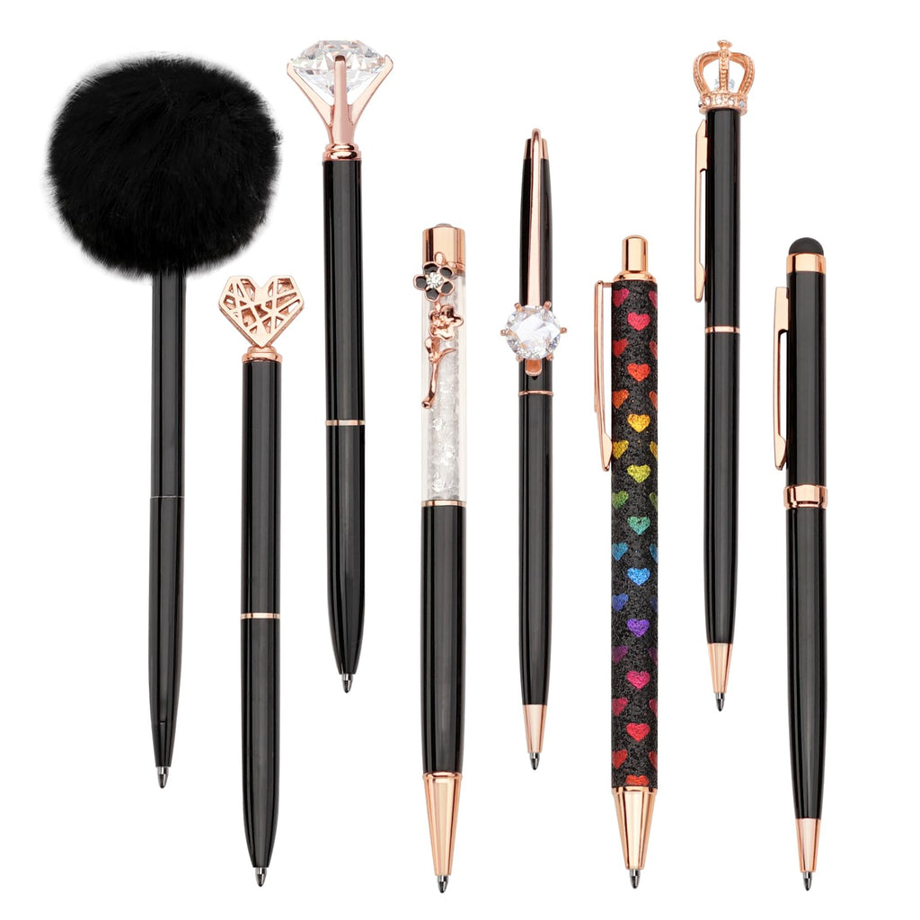 WEMATE 8Pcs Ballpoint Pens Set Metal Crystal Diamond Pen Glitter for Journaling Black Pen Bling in Black & Blue Ink Pretty Cute Pens Fancy Pens Gifts for Women Wedding School Office Desk(Black)