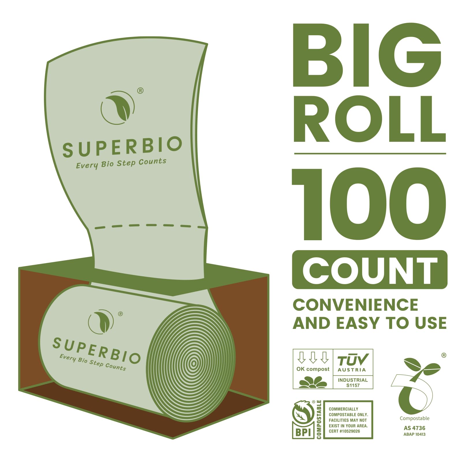 SUPERBIO 1.6 Gallon Handle Tie Compostable Food Scrap Bags, Small Compost Bags with Handles, 50 Count, 2 Pack, BPI & OK compost INDUSTRIAL